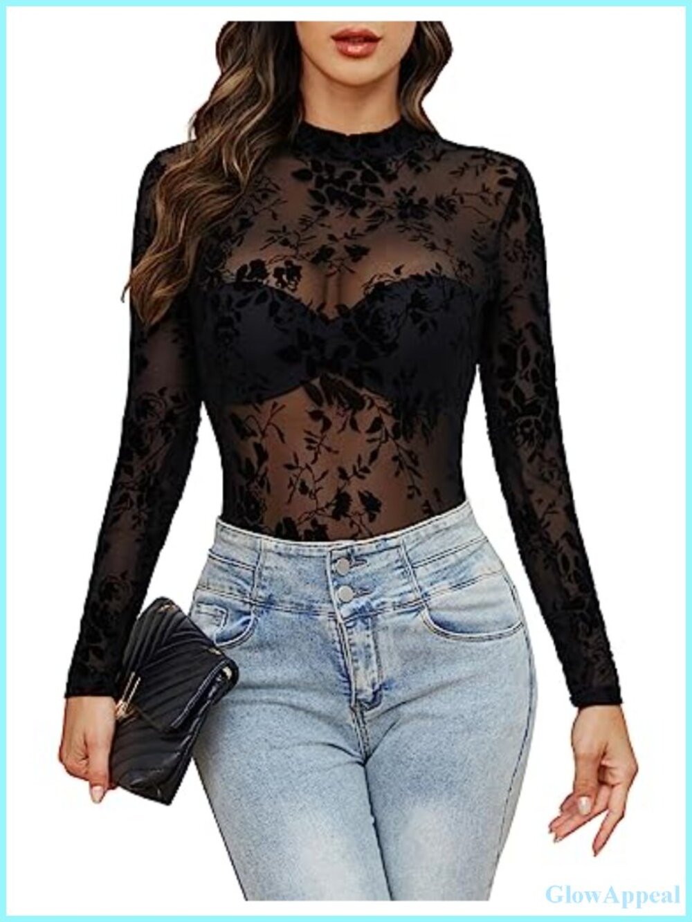 Women's Mesh Top Long Sleeve See Through Sheer Blouse Mock Neck Slim Fit